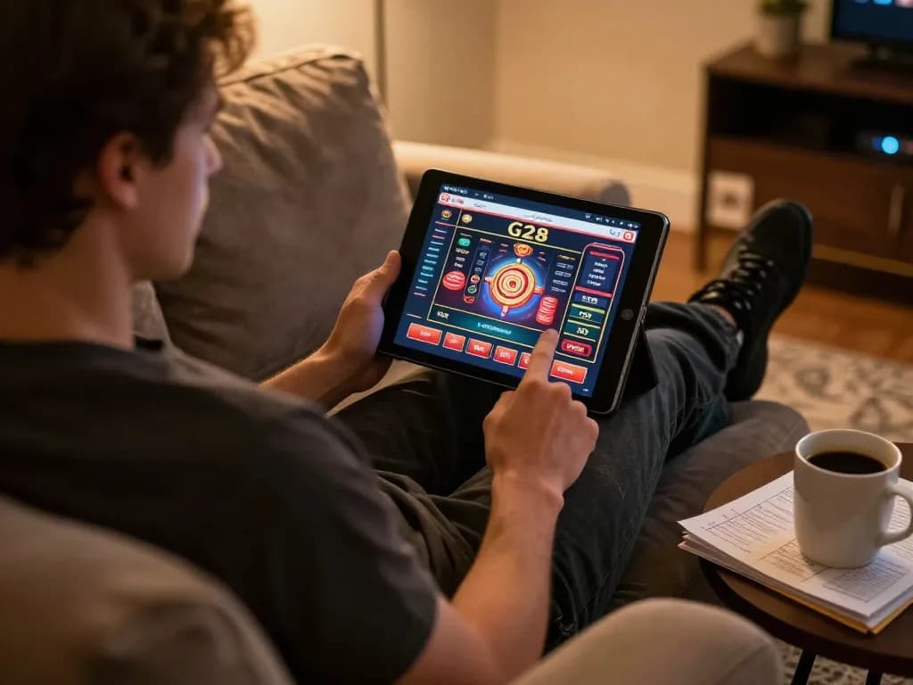 Experience online gaming at G28 through a cozy home setup with a player actively using a tablet.