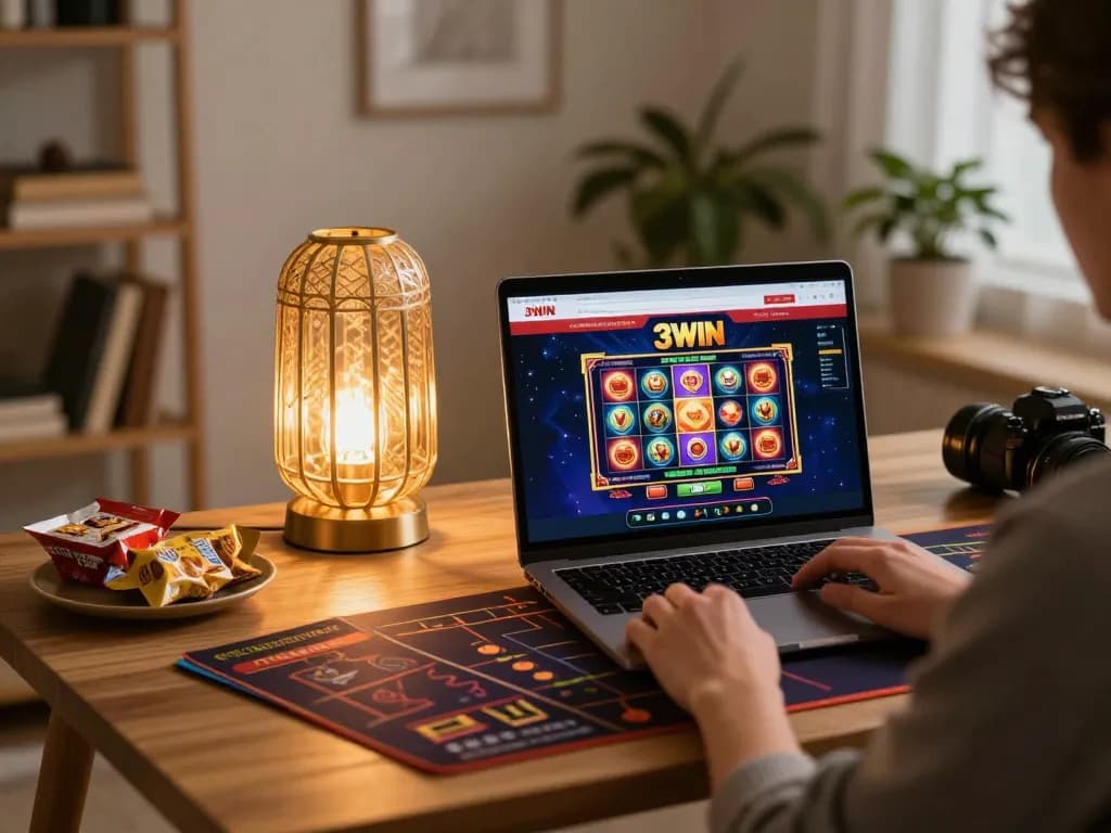 Engaging with Nhà cái 3WIN online casino from a stylish home gaming setup.