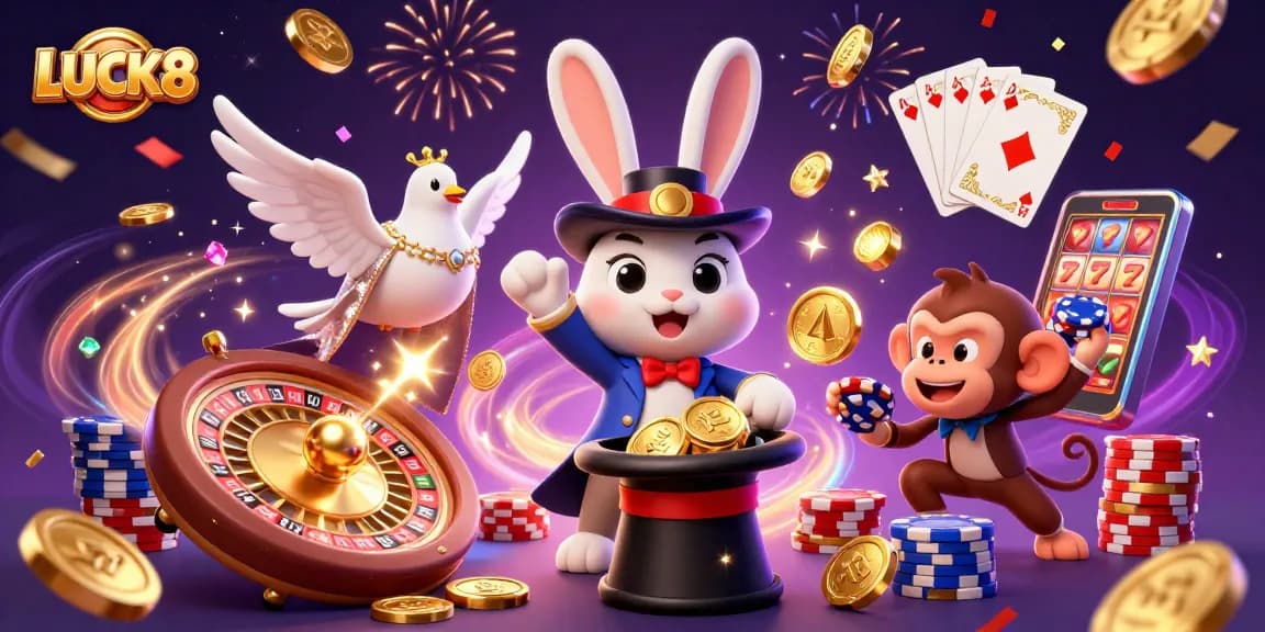 Experience LUCK8's enchanting casino world with a magician rabbit, dove, and monkey in action.