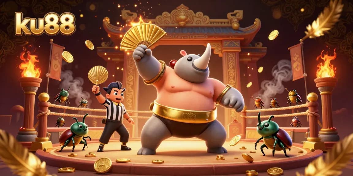 ku88 navigation in a dynamic casino atmosphere with racing beetle champions and golden tokens flying