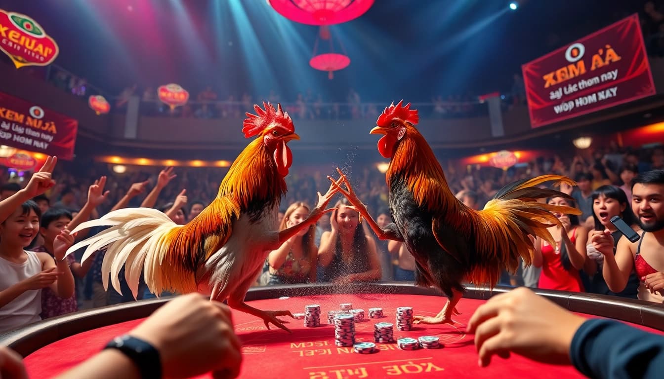 xem đá gà trực tiếp hôm nay during thrilling live fights in a vibrant casino atmosphere with gamblers engaging.