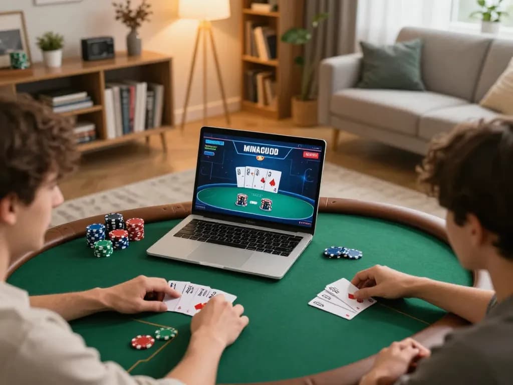 Engaging poker gameplay on laptop at home showcasing betbdt66's online casino experience.