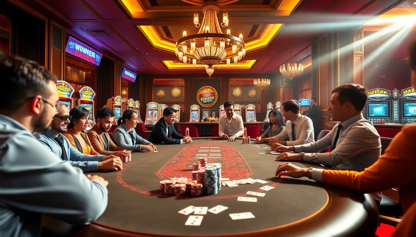 Experience high-stakes action at https://win678.art/ with vibrant poker and slot games set in a luxurious casino.