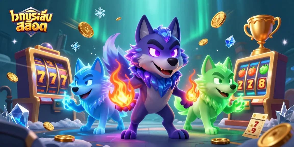 Engage in ทดลองเล่นสล็อต with a dynamic scene of mystical wolves and slot game elements