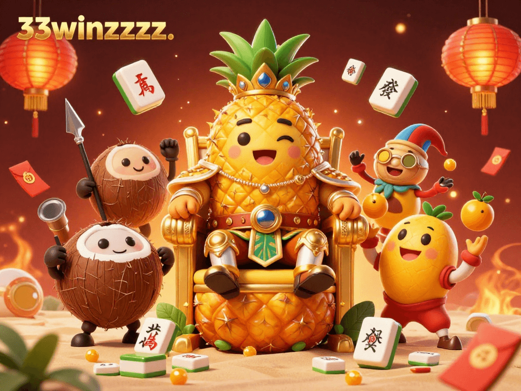 Experience the tropical thrill of 33winzzzz with a golden pineapple king and vibrant casino elements.