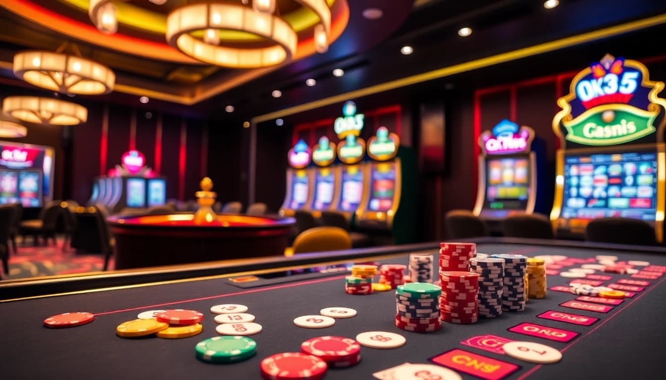 Experience thrilling gameplay at OK365 with vibrant casino visuals featuring poker chips and roulette.