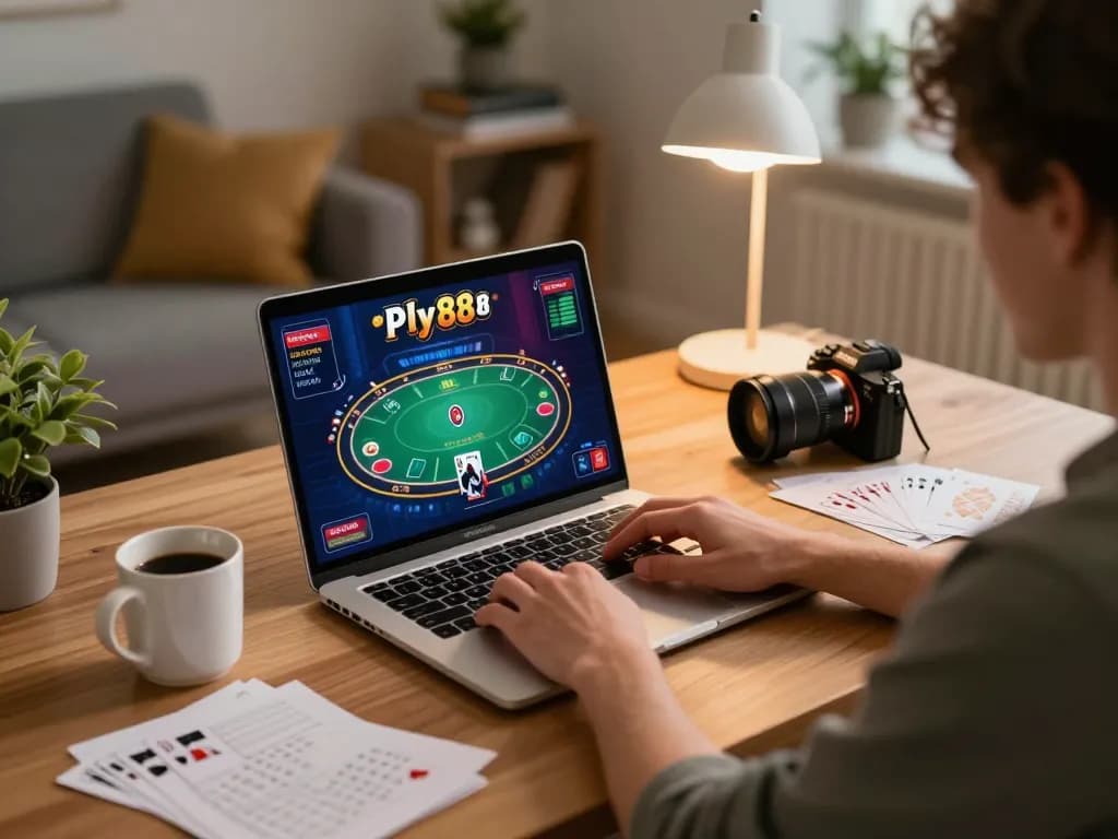 Engaging online poker game on laptop showcasing pfly88 strategy notes, cozy home gaming atmosphere.