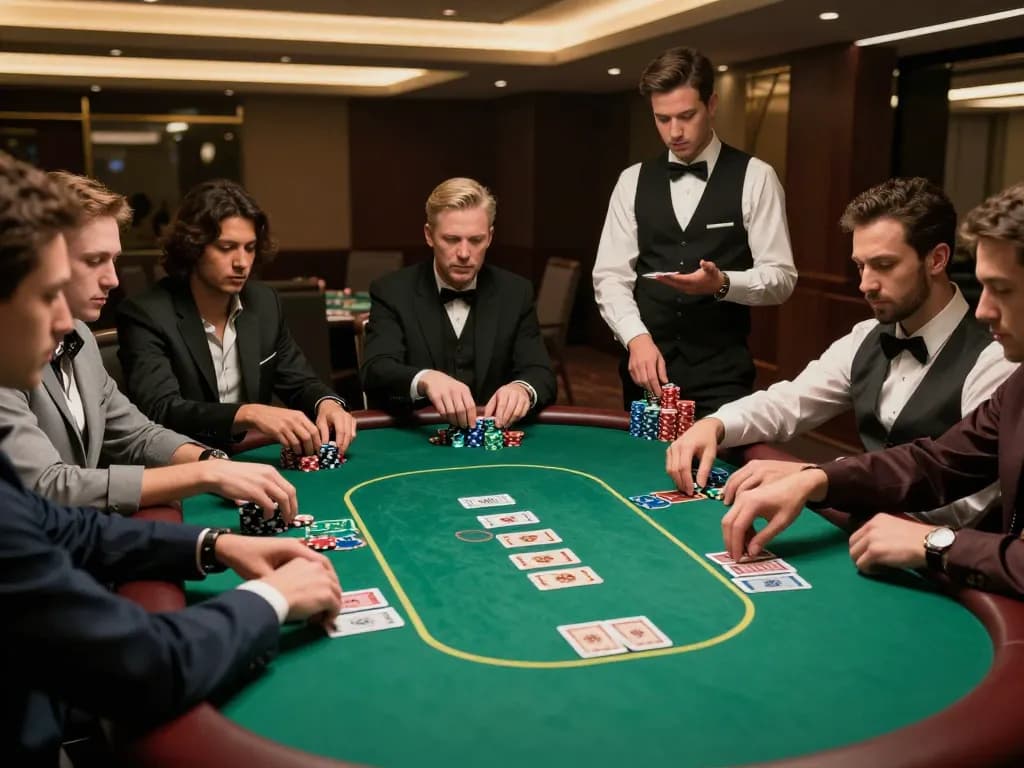 Players engaging in an ALO8 poker game with focused expressions and stacks of chips.