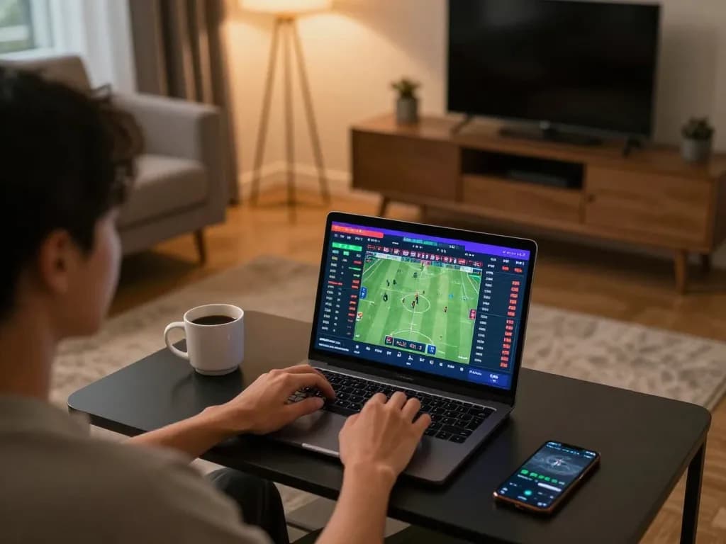 Utente coinvolto che esplora i migliori siti non AAMS tramite un laptop in un'accogliente configurazione domestica