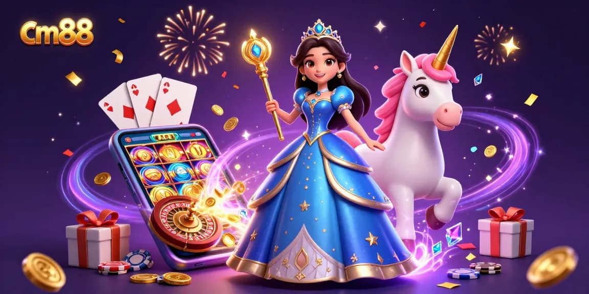 Experience the magic of cm88 with vibrant gaming elements and sparkling visuals in this 3D illustration.