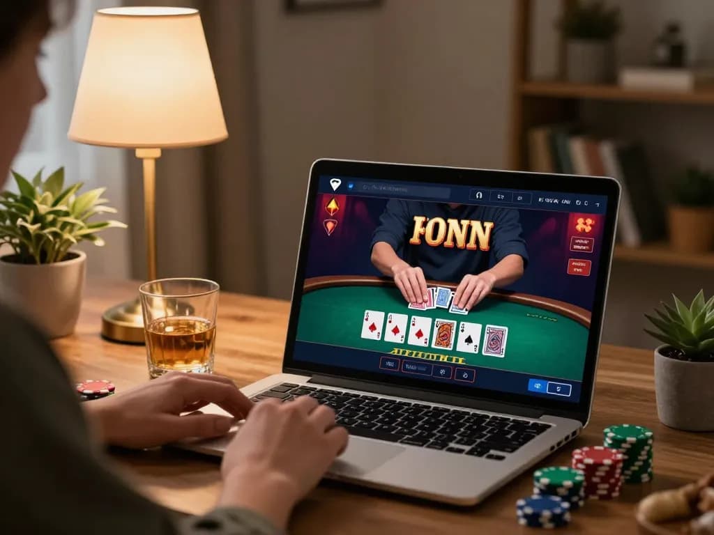 cm88 player enjoying online blackjack in cozy home setup with chips and drinks