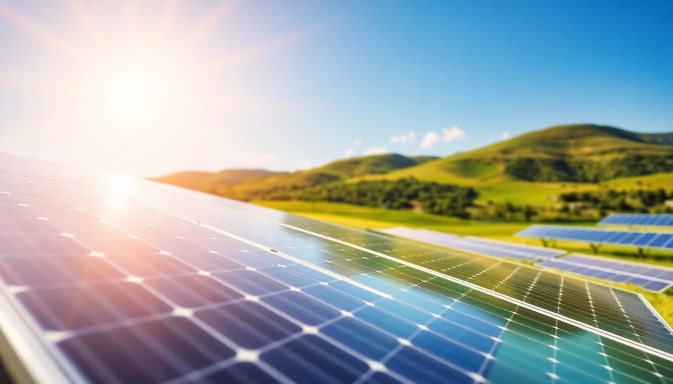 Photovoltaik Leads durch Solarplatten in einem sonnigen Feld präsentieren.