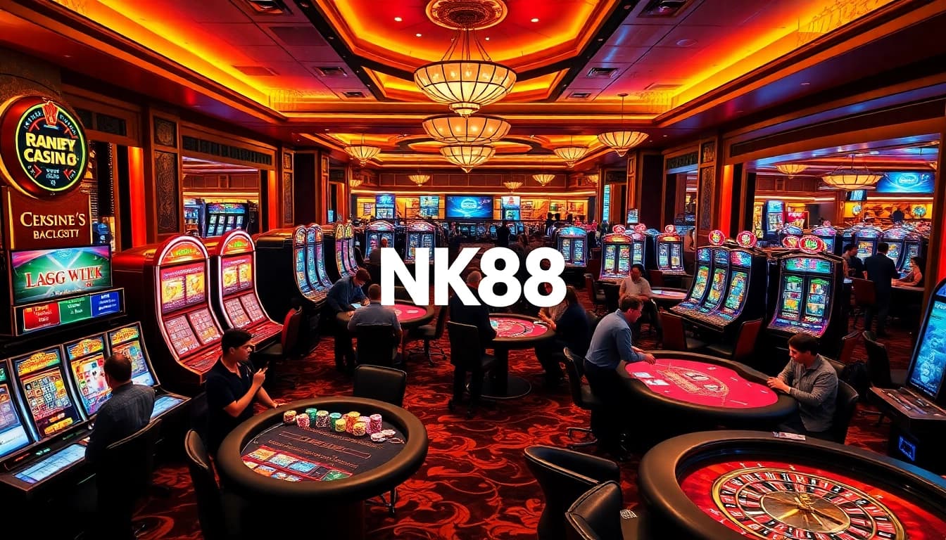 Casino scene highlighting NK88 gaming excitement with vibrant tables and engaged players.