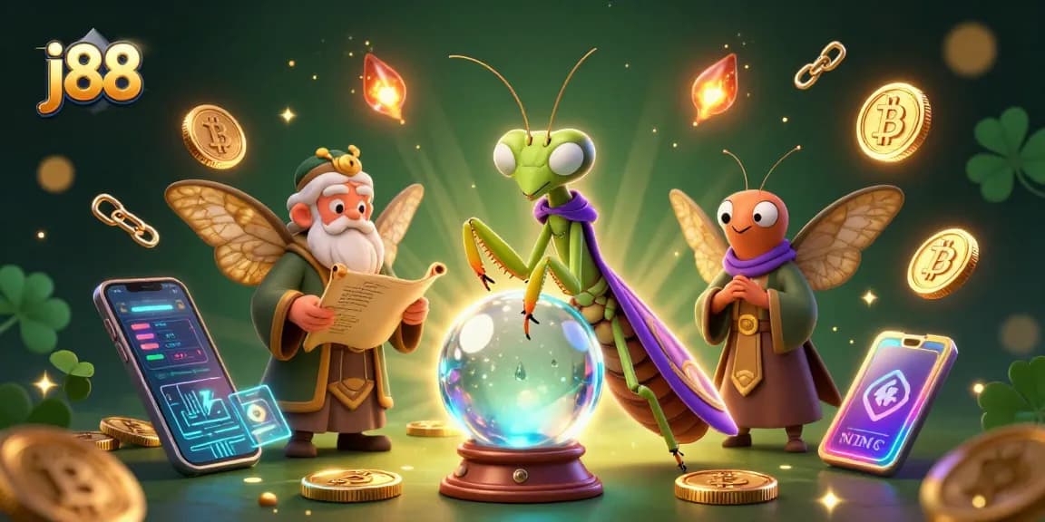 Experience j88's vibrant gaming scene with dynamic crypto elements and mystical fortune tellers.