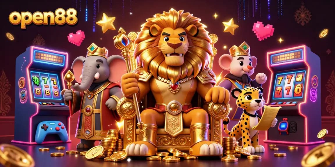 Experience thrilling gaming action at open88 with a 3D cartoon lion king and vibrant casino themes.