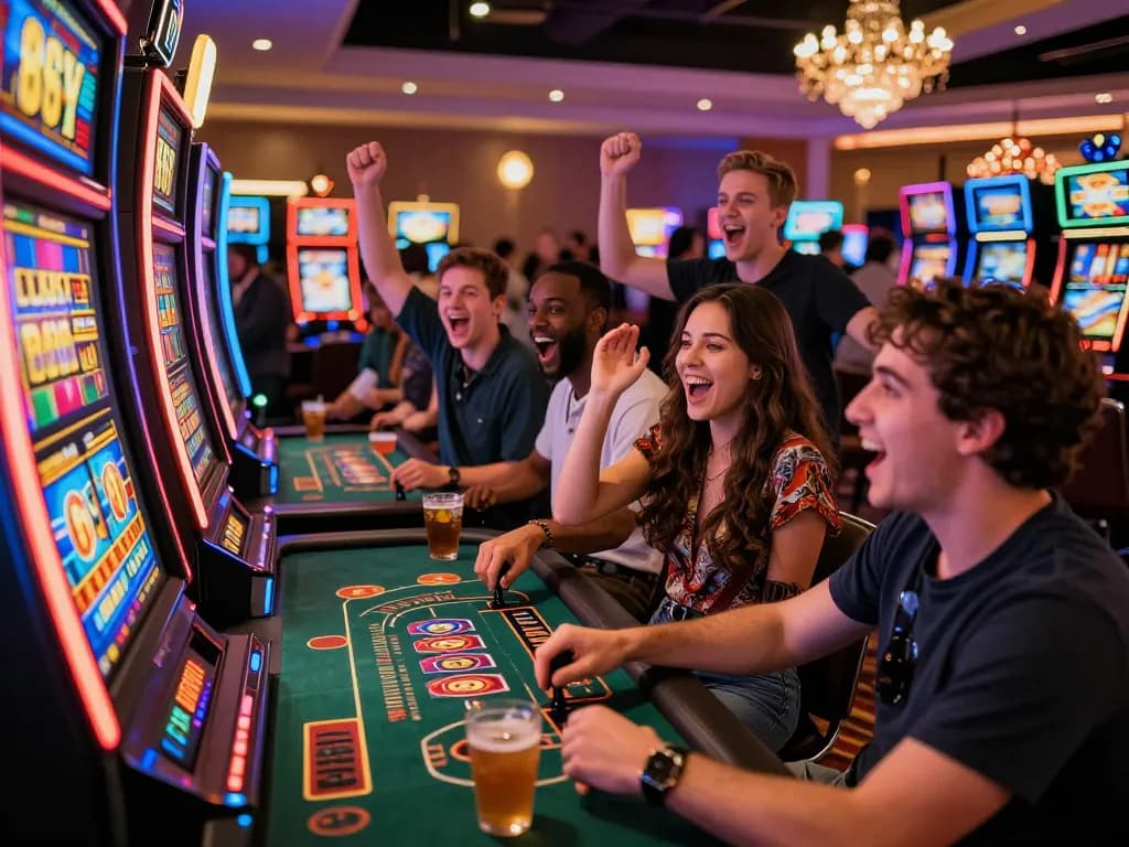 Friends celebrating a big win at Lucky 88 slot machine in a bustling casino.