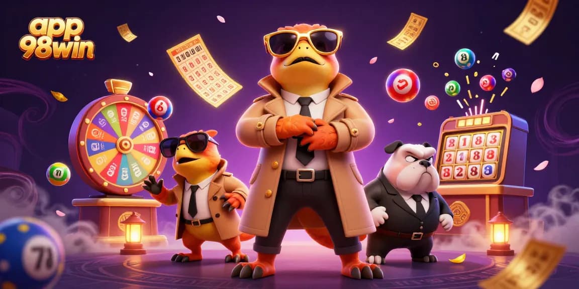 Engage with the app 98win for dynamic casino experiences featuring 3D cartoon raptors and vibrant lottery elements.