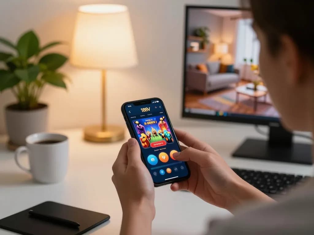 Engaging in online gaming at http://188v.me/ with a smartphone displaying casino app in a cozy home setting.