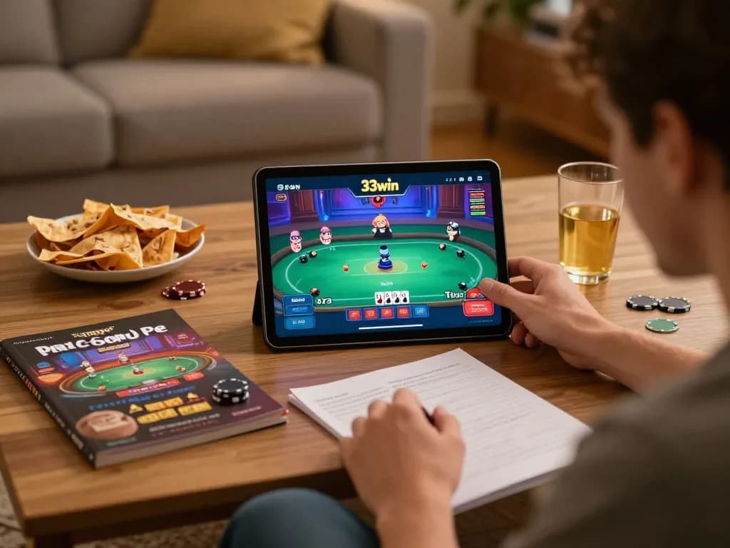 Player enjoying the game 33win online poker on tablet in a cozy setting