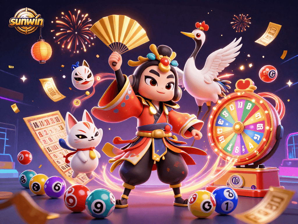 Win big with sunwin's vibrant lottery illustration featuring colorful elements and festive atmosphere.