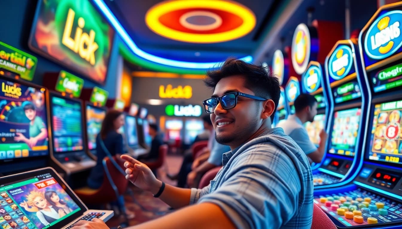 Engaging scene of Luck8's diverse online gaming experience with interfaces showing various gaming options.