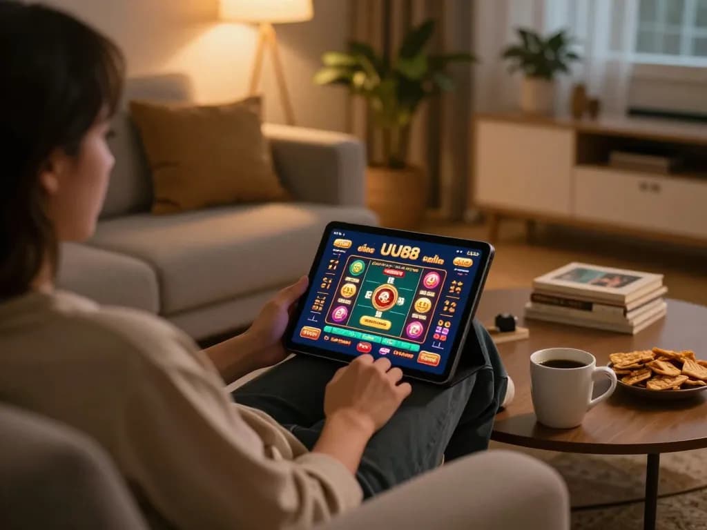 Engaging online gambling experience on trang chủ UU88 with cozy home setting and tablet display.