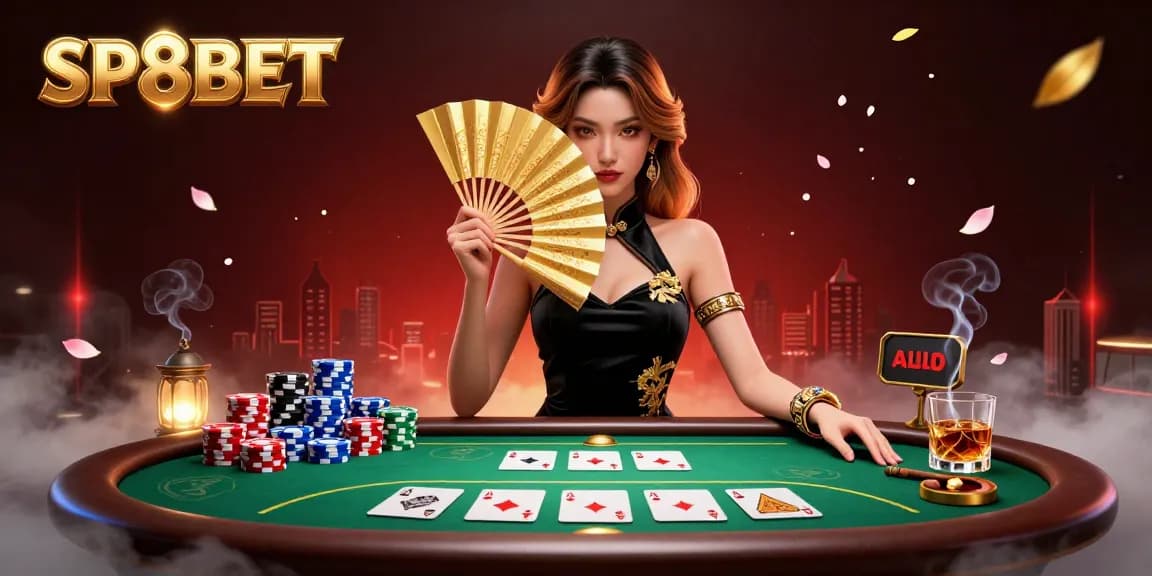 Immerse in SP8BET's exciting world of poker with a captivating illustration showcasing a stunning Asian dealer and dynamic gaming elements.