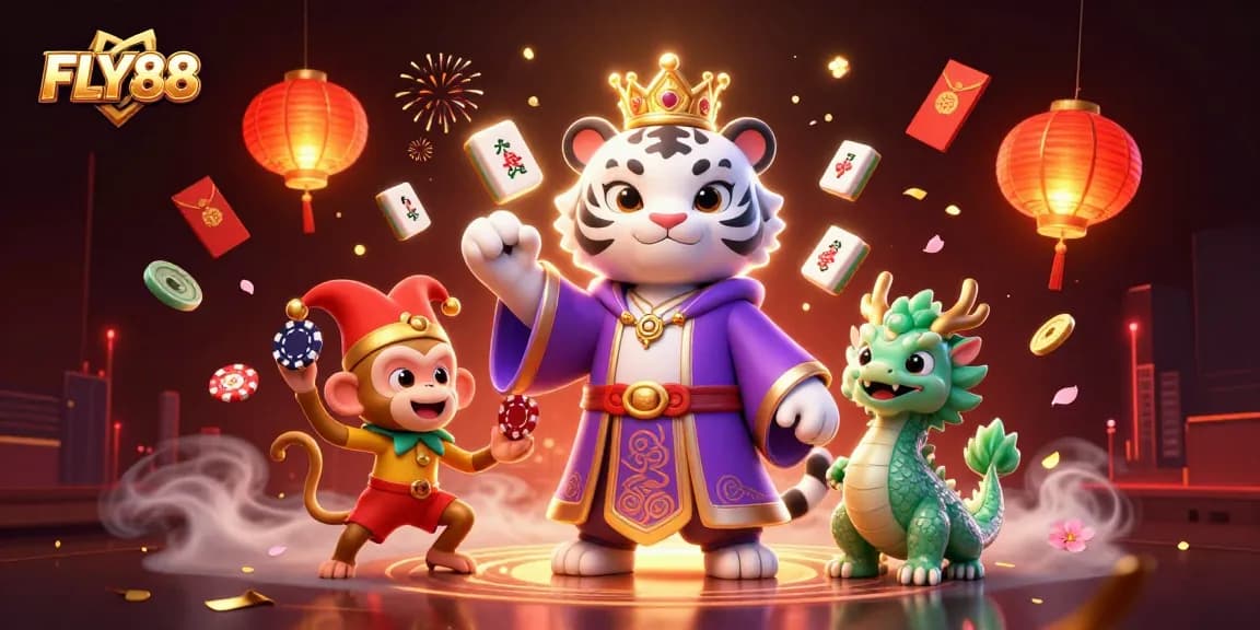 Bet on FLY88 and experience vibrant gaming with a royal tiger, monkey, and dragon in action.
