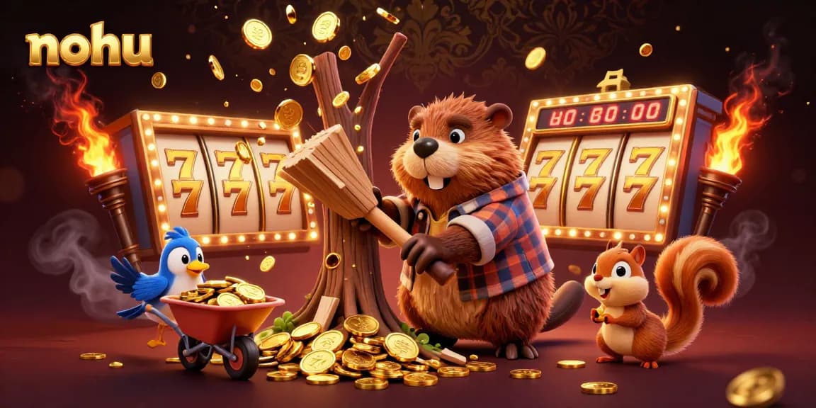 Nohu spins the slot reels while a beaver collects golden coins, creating a lively casino scene.