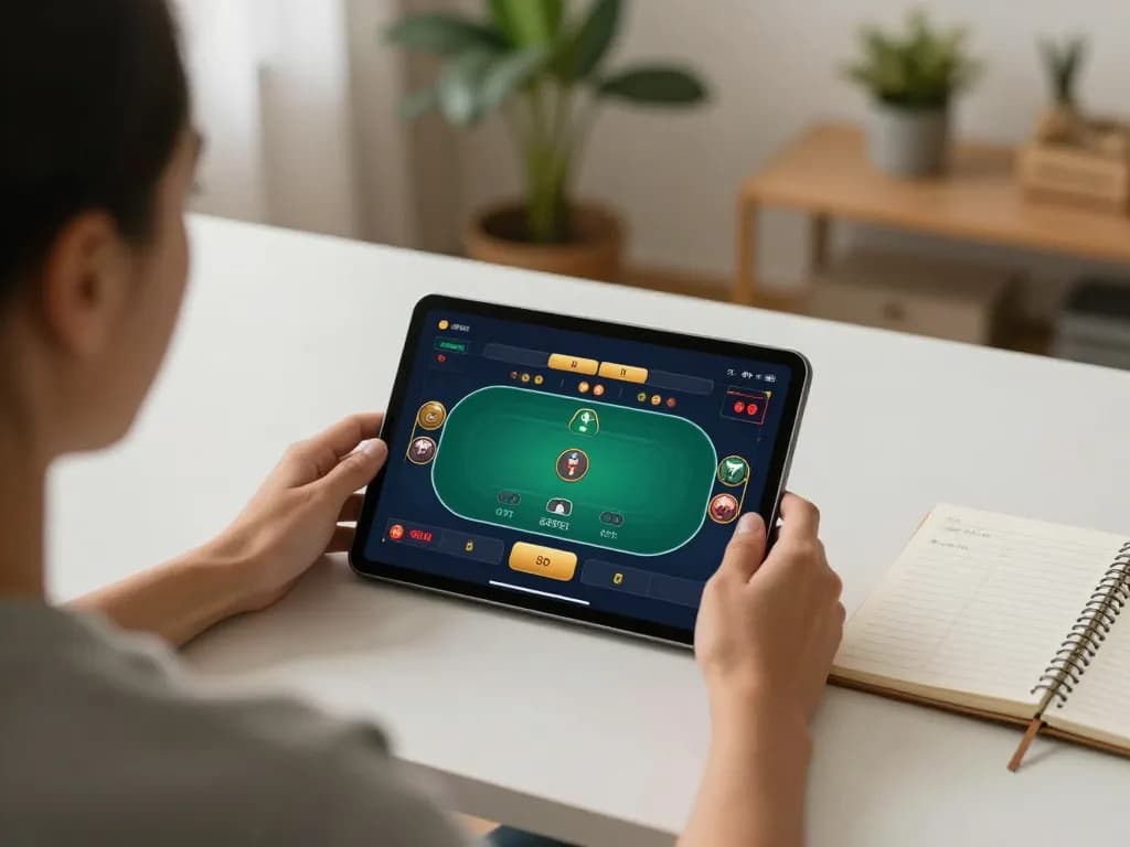 x88 poker game in a cozy home setup with a player using a tablet and strategic notes visible