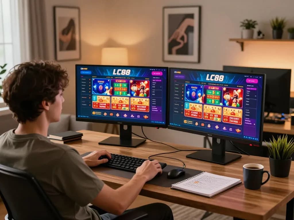 Engaged player enjoying online casino games at LC88 my on dual monitors, showcasing modern gaming setup.