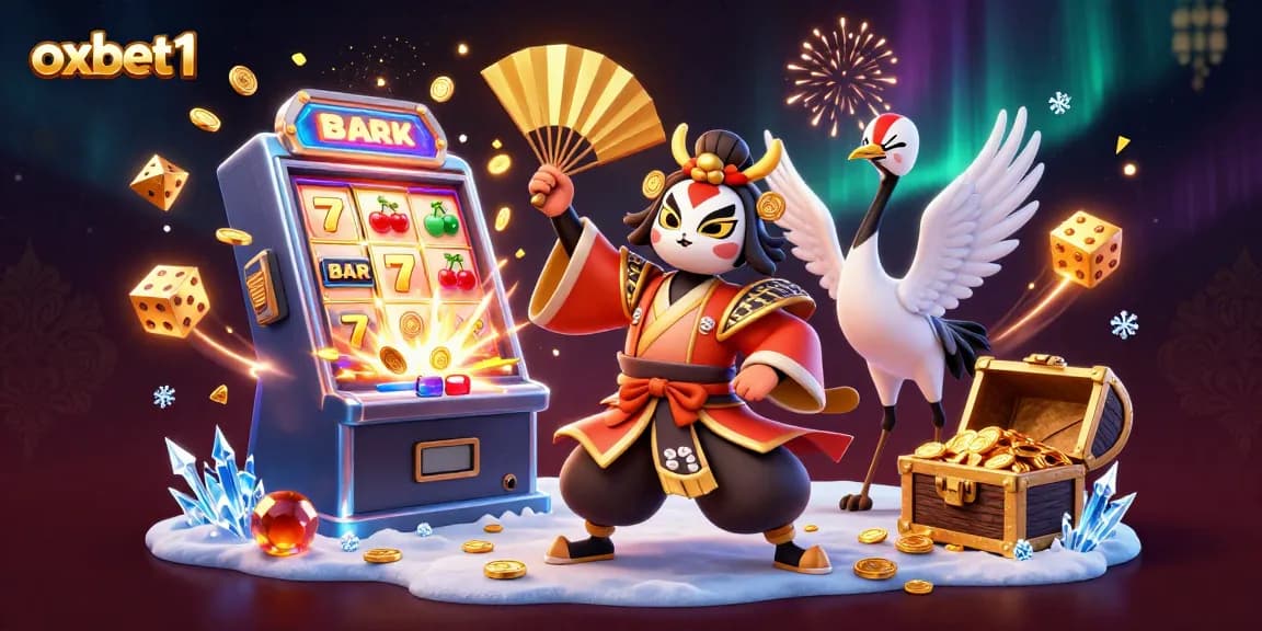 Experience thrilling jackpots with oxbet1's vibrant casino adventure featuring a kabuki crane and lucky symbols.