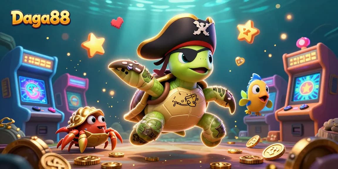 Daga88 pirate turtle and friends celebrating a big win amidst vibrant casino games.