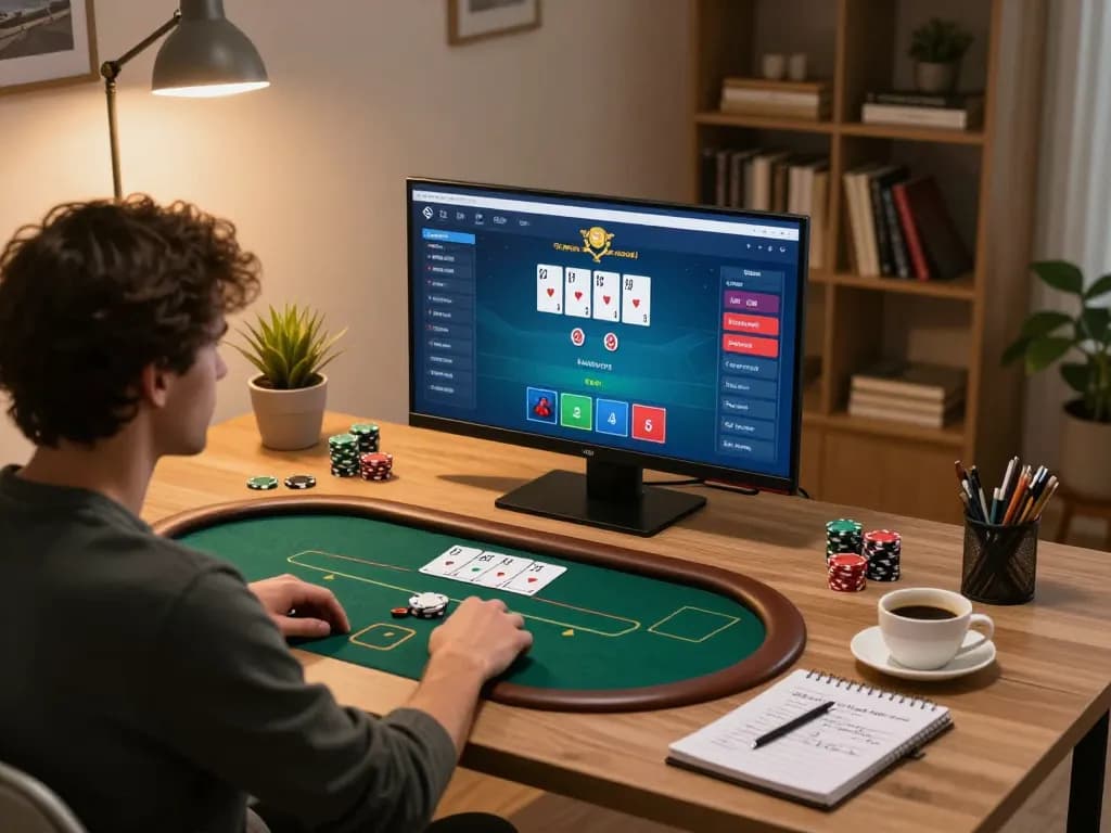 Engage in strategic gameplay at lucks8's online poker from a cozy home office setting.