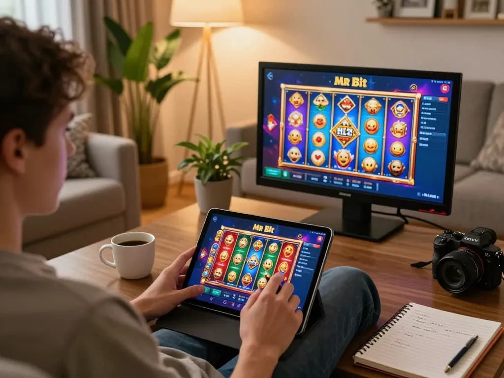 Fesselndes Gameplay auf der mrbit-de App, präsentiert in einer gemütlichen Wohnumgebung mit einem Tablet, das lebendige Casino-Slots zeigt.