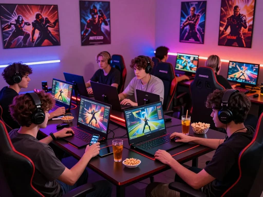 Exciting HITCLUB gaming scene with diverse players enjoying interactive games on digital devices.