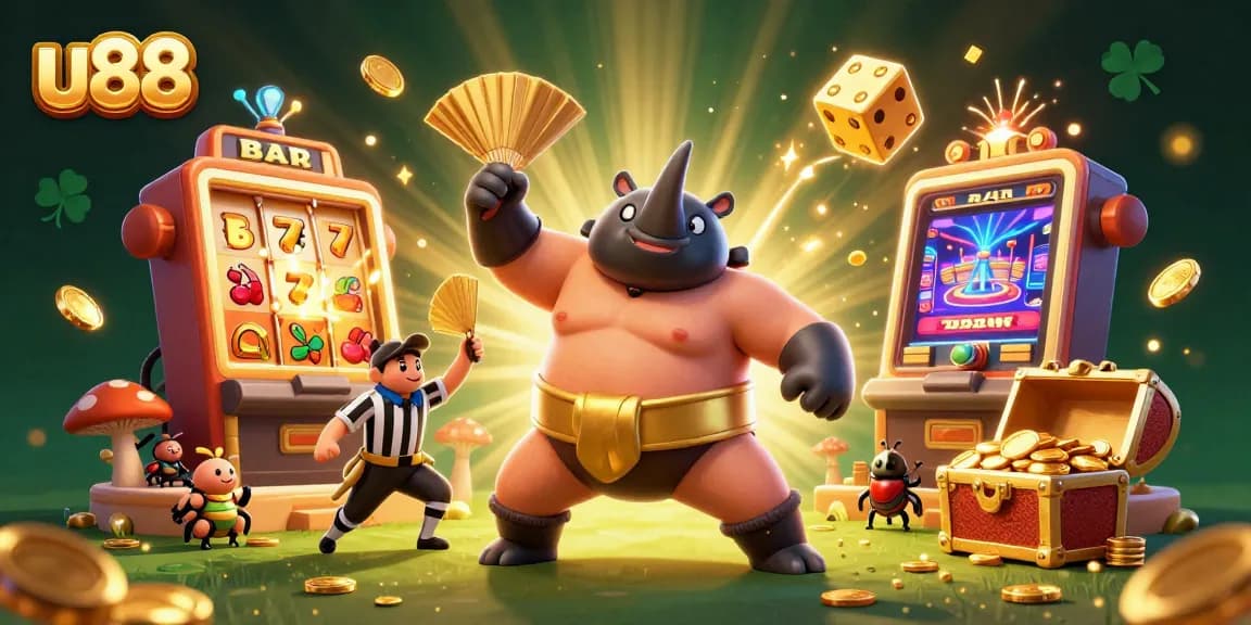 Witness the thrilling u88 action with a sumo champion beetle celebrating a jackpot explosion in this vibrant casino scene.
