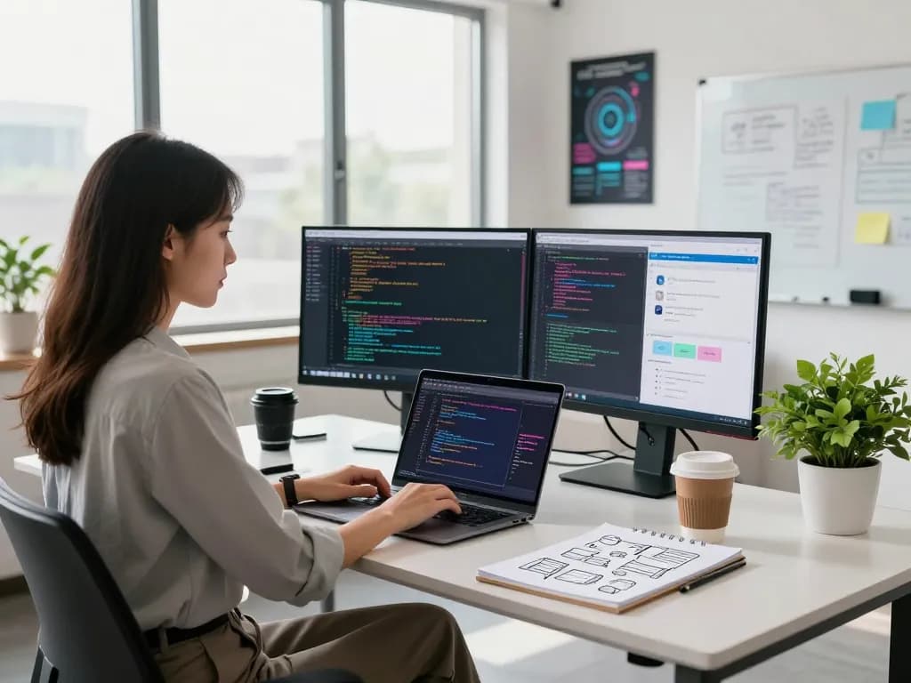 Entwicklerin, die in einem modernen Arbeitsumfeld codiert und effektive Techniken für das Erstellen einer eigenen Webanwendung zeigt.