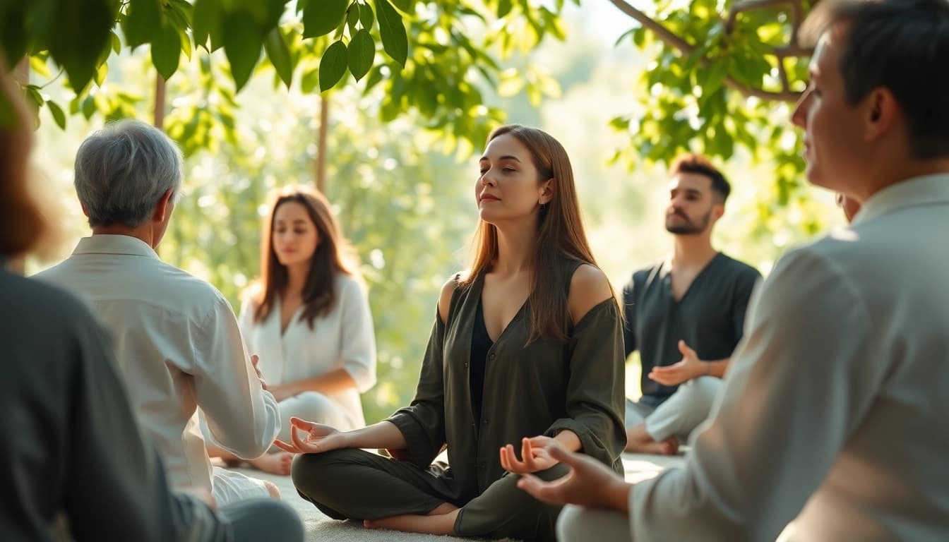 Besonders wichtig ist die entspannte Atmosphäre eines spirituellen Seminars, wo Meditation im Freien stattfindet.