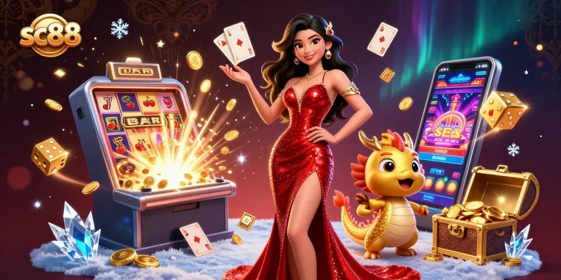 Experience the thrill of sc88 with a stunning casino illustration showcasing dynamic game elements and a captivating host.