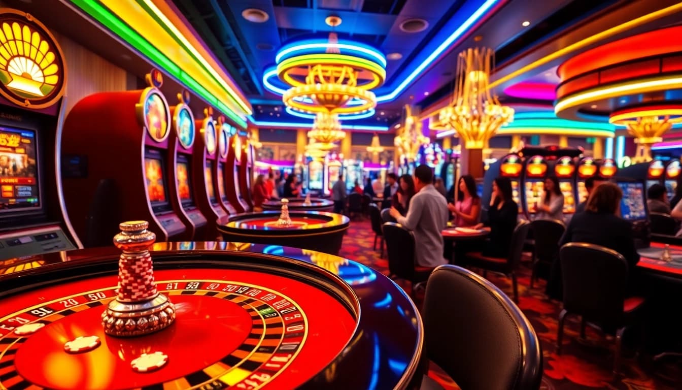 Erleben Sie Spannung im Golisimo Casino mit bunten Spielautomaten und fröhlichen Spielern.