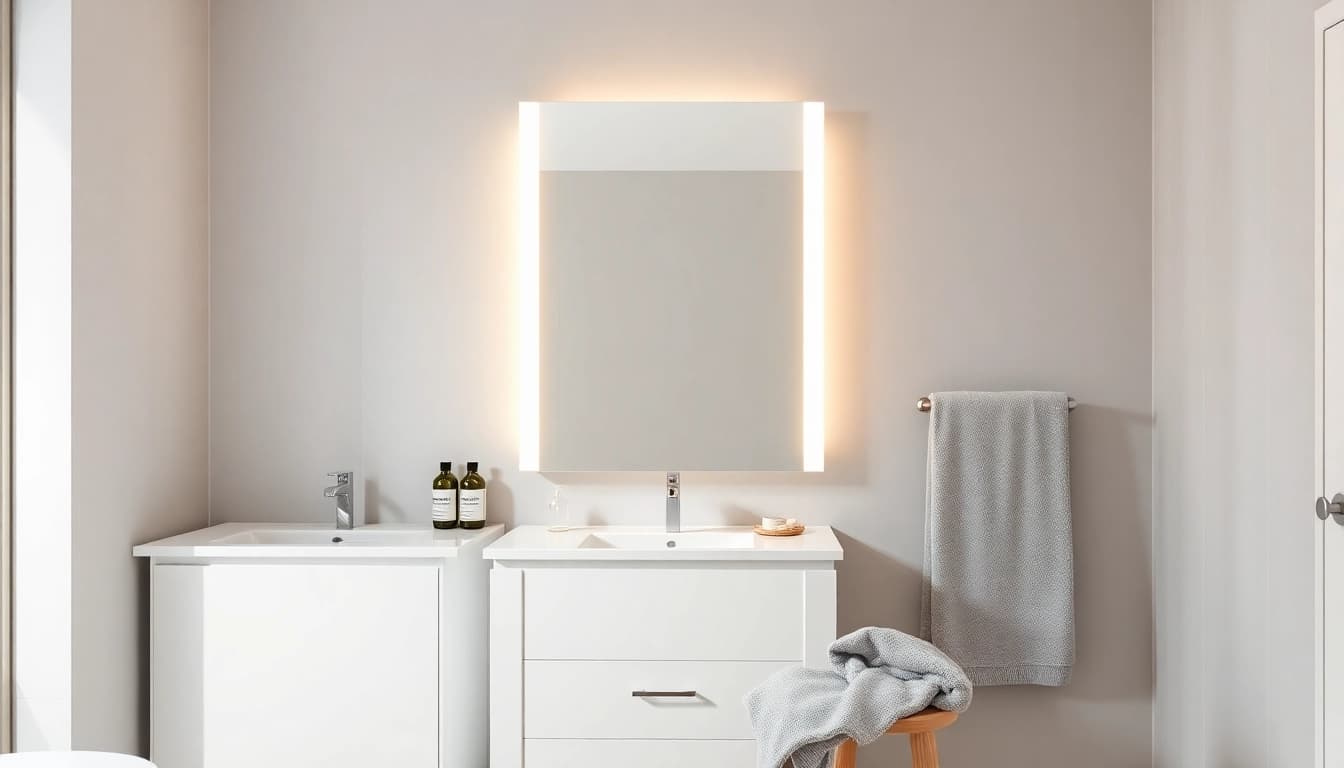 Elegant gestalteter sonni Spiegelschrank im Badezimmer mit warmem Licht und stilvollen Akzenten.