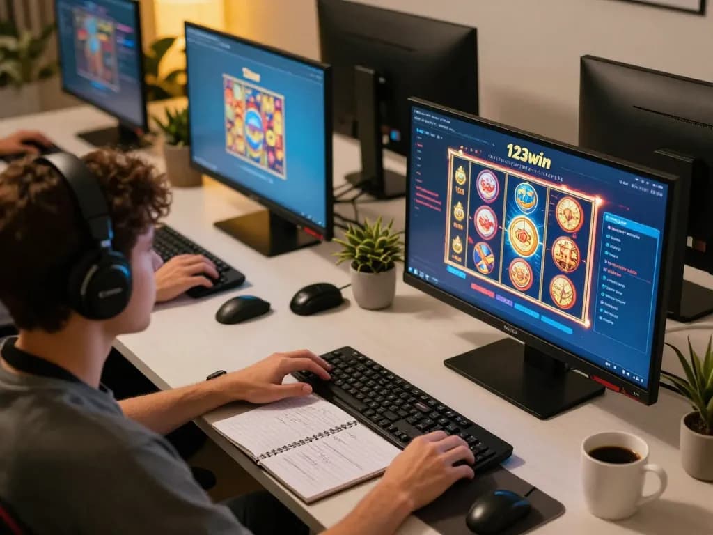 Engaging with 123win com online casino interface, dynamic gaming experience at home.