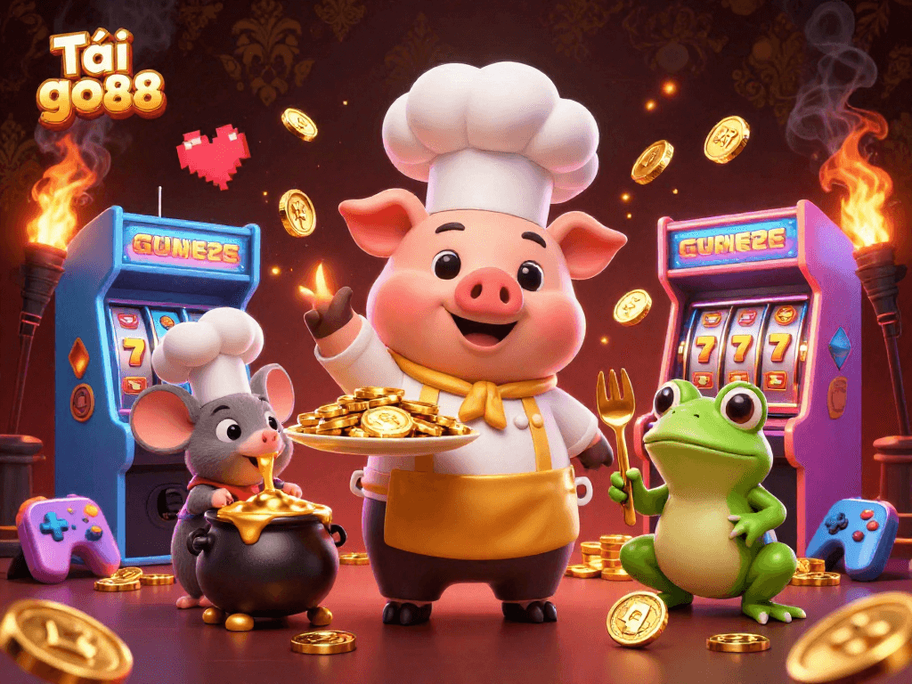 Tải go88 showcases a vibrant scene with a cartoon pig chef serving gold coins amongst slot machine elements.