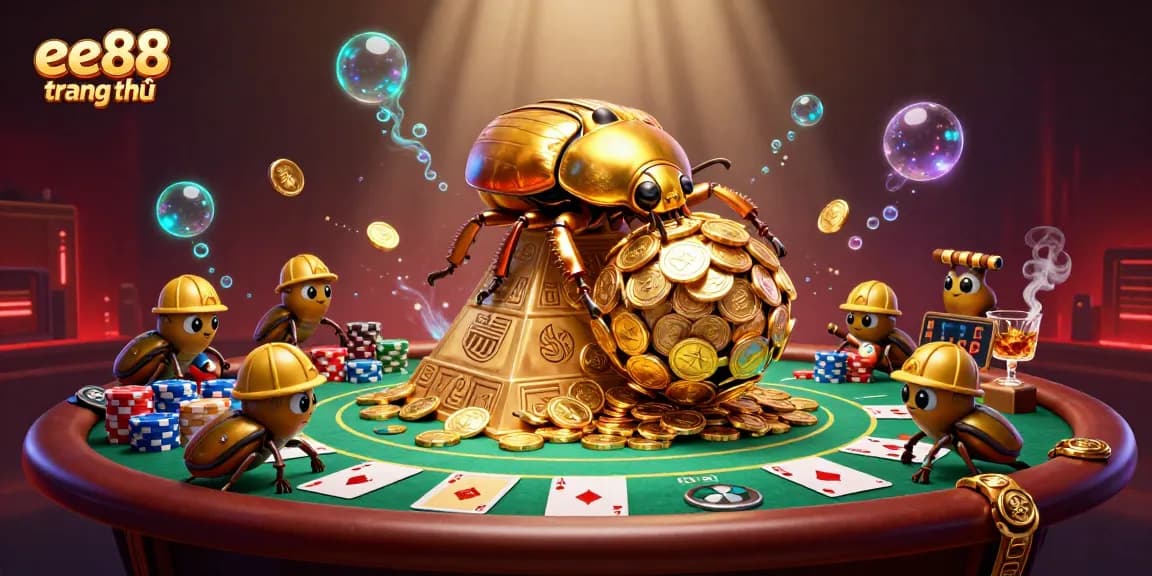 Engage with ee88 trang chủ, featuring a golden dung beetle and vibrant casino elements in a luxury gaming scene.