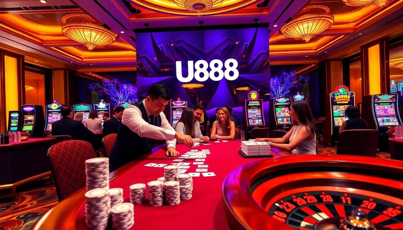 Engaging U888 casino scene showcasing thrilling games like poker and roulette.