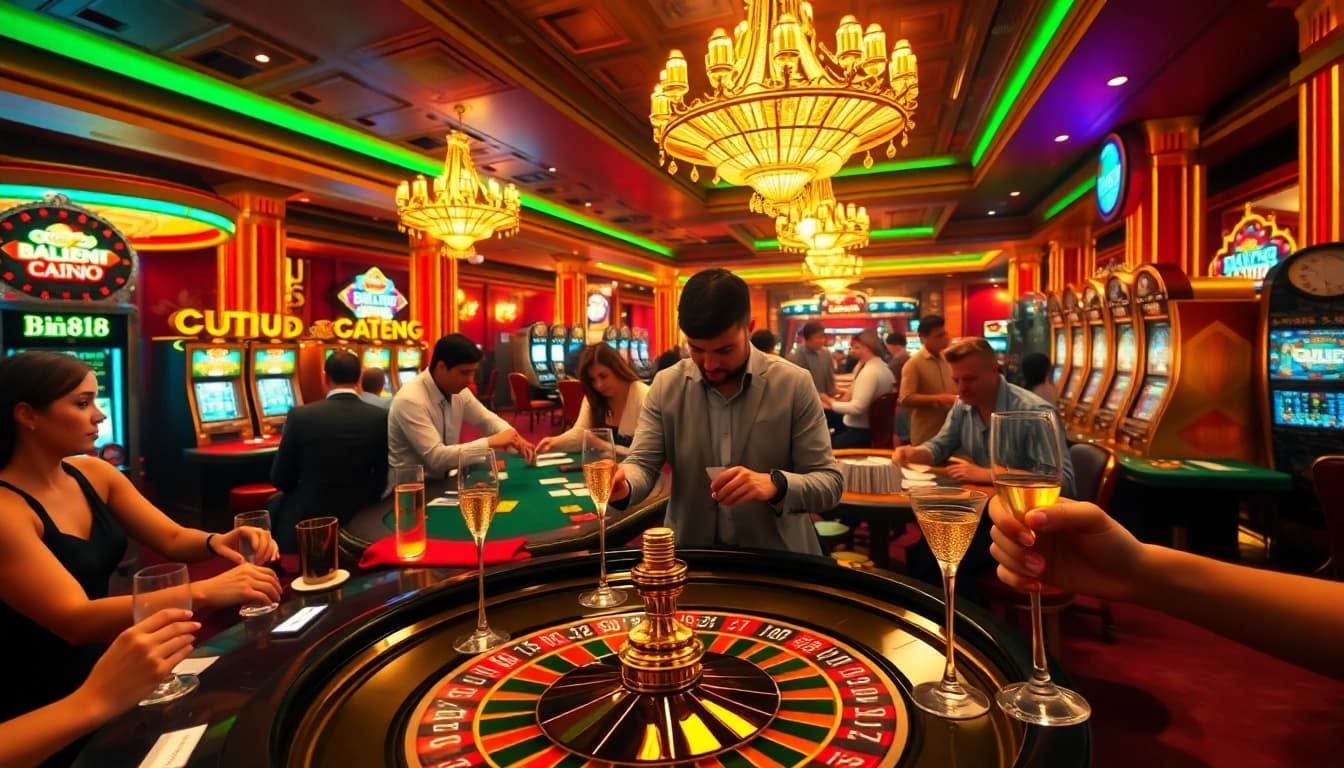 Gamblers enjoying a luxurious casino experience at Bin88 with vibrant tables and thrilling games.
