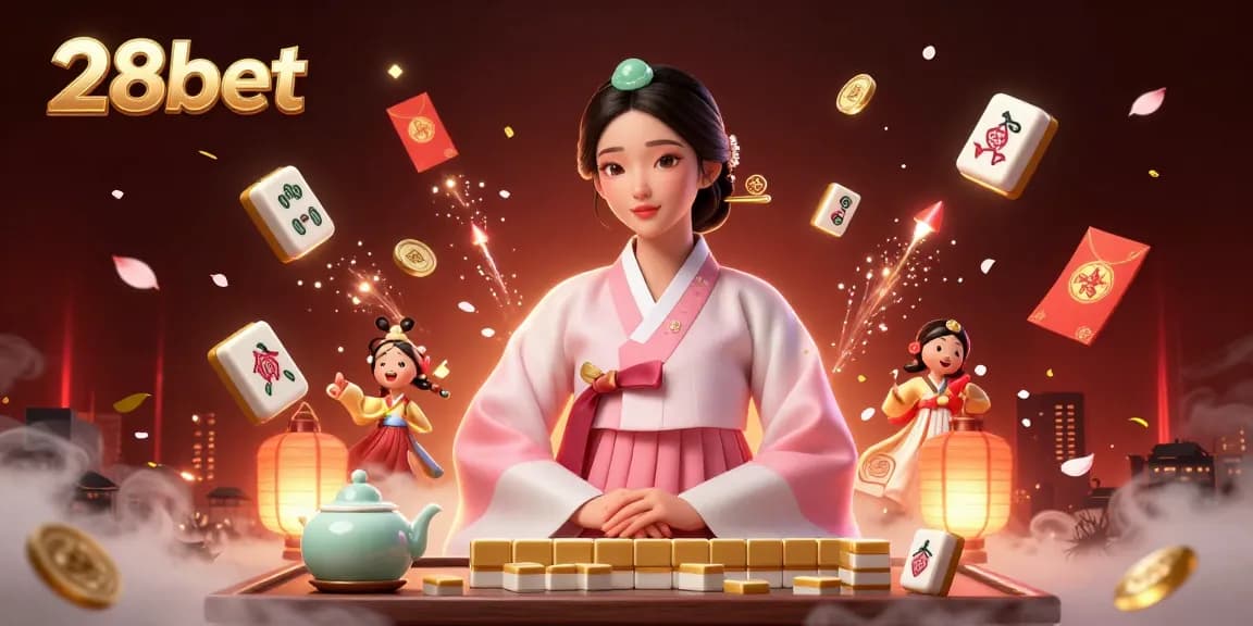 Experience 28bet's vibrant casino world through an elegant illustration featuring games, decorations, and serene character.