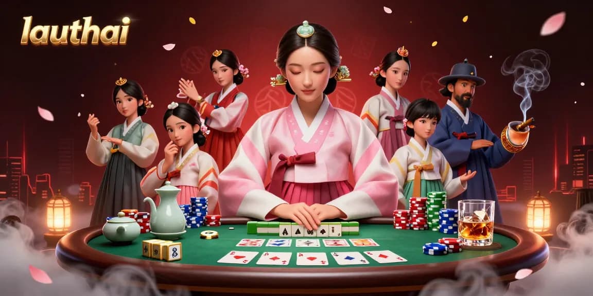 Experience the thrilling game of poker with lauthai, showcasing rich casino elements and vibrant illustrations.