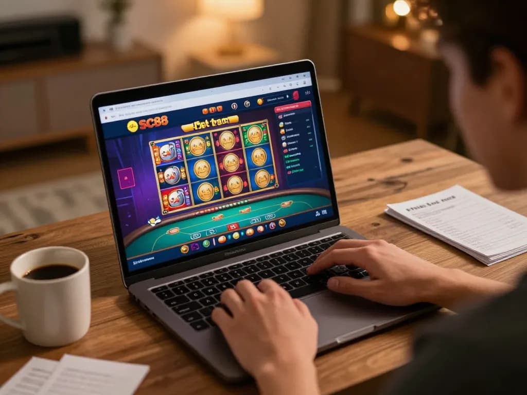 Engaging gaming session at Nhà Cái SC88, showcasing online slot games on a laptop.